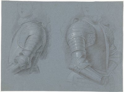 Studieblad med vänster och höger sida av en kuras av Theodorus Netscher
