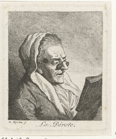 Läser gammal kvinna med pince-nez La Dévote (titel på objekt) av Theodorus de Roode