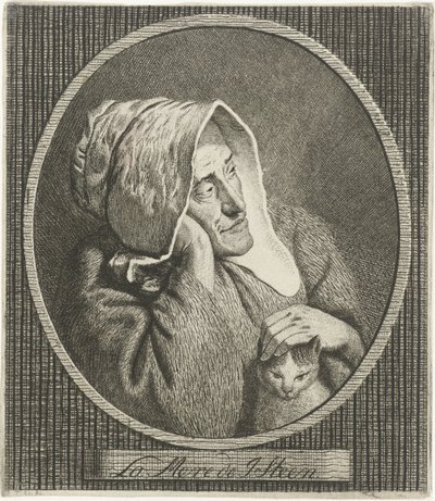 Gammal kvinna med katt La Mere de J. Steen (titel på objekt) av Theodorus de Roode