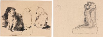 Katter (recto); Skiss av två figurer som omfamnar (verso) av Theodule Ribot