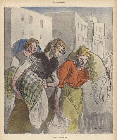 Tvättkvinnor som återvänder från tvätten (färg litho) av Theophile Alexandre (after) Steinlen