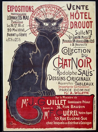 Annonsaffisch som tillkännager försäljningen på Hotel Drouot 1898 av Cat Noir-samlingen och verk av Rodolphe Salis, Illustration av Theophile Alexandre Steinlen (1859-1923) av Théophile Alexandre Steinlen