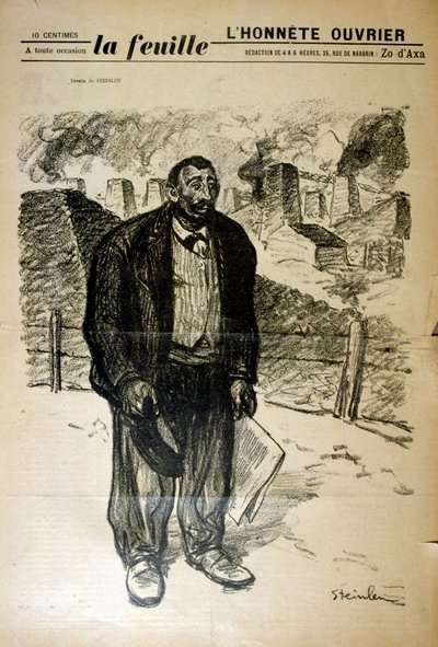 Teckning av en fattig fabriksarbetare mot ett industrilandskap, av Alexandre Steinlen (1859-1923), en schweizisk född fransk jugendmålare och grafiker av Théophile Alexandre Steinlen