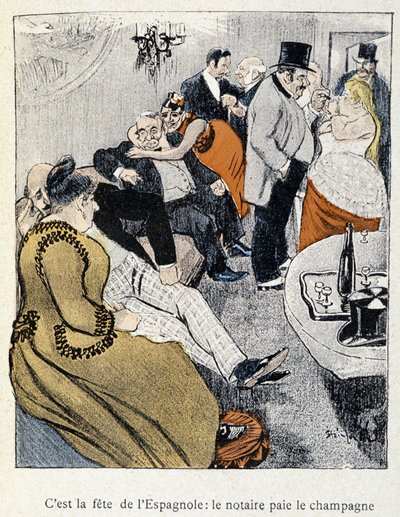 Filles et Marlous: Det är spanjorernas fest: notarien betalar champagnen - i "Dans la vie", av Steinlen 1901 (samma ritning som nr 27695) av Théophile Alexandre Steinlen