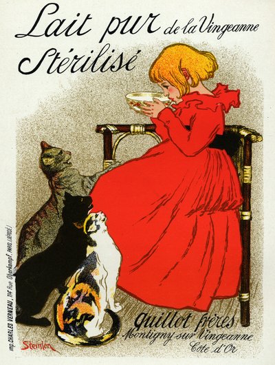 Mat och dryck. Vingeanne mjölk. Liten flicka med katter. Affisch av Steinlen, Frankrike, ca 1890 (affisch) av Théophile Alexandre Steinlen
