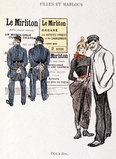 Tjej och Marlou: en hallick och en prostituerad bakom två poliser. I "" In Life"" av Steinlen av Théophile Alexandre Steinlen