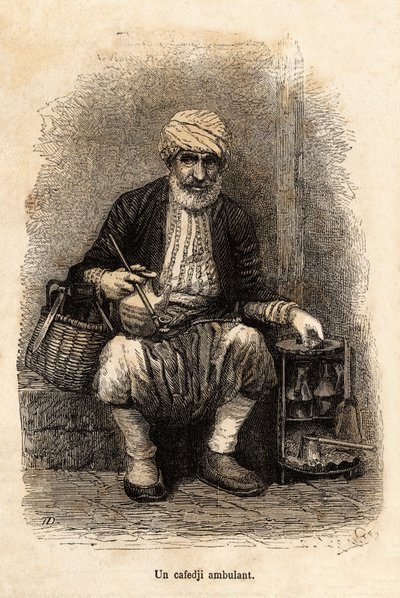 En kaféförsäljare (cafedji) som reser, i basaren i Trebizonde (nuvarande Trabzon, vid Svarta havets kust), graverar efter en teckning av berättaren, som illustrerar en resa till Lazistan och Armenien, 1869, av Theophile Deyrolle, publicerad i "" Le to av Theophile Louis Deyrolle