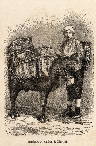 En kolhandlare, med sin åsna, i Djewilisk (Norra Anatolien), graverad efter en teckning av berättaren, som illustrerar en resa i Lazistan och Armenien, 1869, av Theophile Deyrolle, publicerad i "" Le tour du monde"" 1875, redigerad av Edouard Charton av Theophile Louis Deyrolle