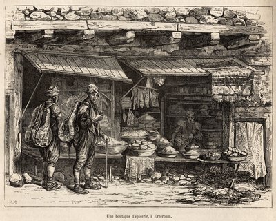 En livsmedelsbutik i Erzeroum (Armenien), graverad efter en teckning av författaren, som illustrerar resan i Lazistan och Armenien, av Theophile Deyrolles, 1869, publicerad i "" Le tour du monde""" 1875, redigerad av Edouard Charton, Hachette-upplagan, Par av Theophile Louis Deyrolle