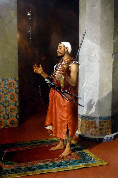 Turkisk vakt ber, sent 1800-tidigt 1900-tal (olja på duk) av Theophile Marie Francois Lybaert
