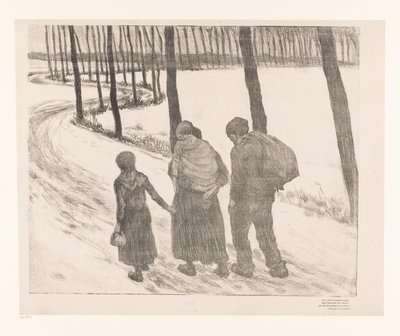 Man och kvinna med två barn går på en landsväg Pauvres gens av Théo van Rysselberghe
