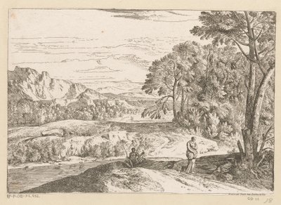 Arkadiskt landskap med en fiskare vid en bäck Suite de Paysages (serietitel) av Théodore