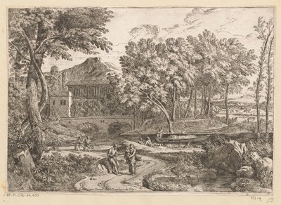 Arkadiskt landskap med en flock getter vid vattnet och en mamma med barn på en stig med andra figurer Suite de Paysages (serietitel) av Théodore