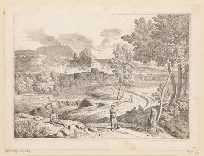 Arkadiskt landskap med figurer längs en stig vid en bäck Suite de Paysages (serietitel) av Théodore