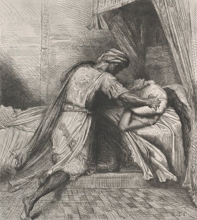 Han kväver henne: plåt 13 från Othello Akt 5, Scen 2, etsad 1844, omtryckt 1900. av Théodore Chassériau