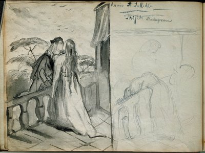 Les lovers Romeo et Juliet Illustration av verket med samma namn av William Shakespeare (1564-1616) som föreställer älskare som kysser på balkongen. Skiss av Theodore Chasseriau (1819-1856) Paris. Louvren av Théodore Chassériau
