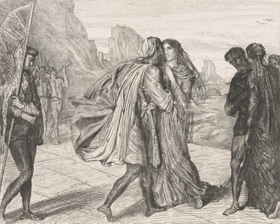 O my fair warrior!: tavla 5 från Othello Act 2, Scene 1, etsad 1844, omtryckt 1900. av Théodore Chassériau