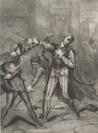 Skurk, du dör: tavla 10 från Othello Act 5, Scene 1, etsad 1844, omtryckt 1900. av Théodore Chassériau