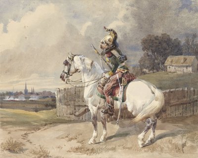 Fransk dragon på en vit häst, vänstersvängd, i profil av Théodore Fort (signed by artist)