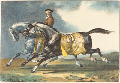 Två Dapple-Grey hästar som tränar av Théodore Gericault and Léon Cogniet