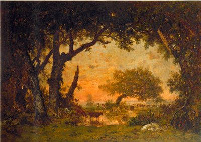 Utgång från skogen i Fontainebleau, solnedgång (olja på duk av Pierre Etienne Theodore Rousseau