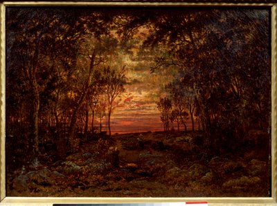 Solnedgång i skogen Målning av Theodore Rousseau (1812-1867) Barbizonskolan från 1800-talet. Dämpa. 0,46x0,62m. Olja på duk. . av Pierre Etienne Theodore Rousseau