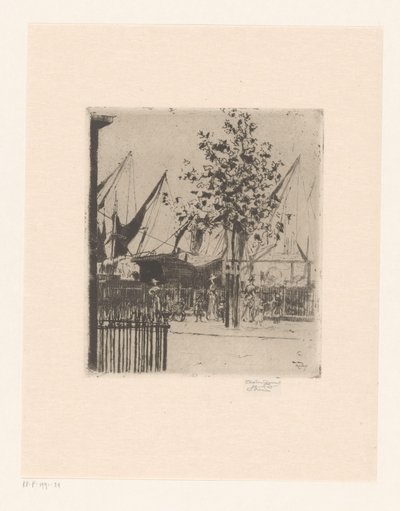 Gatuvy med figurer vid en hamn Hörnet av Luna Street, Chelsea Embankment av Théodore Roussel (signed by artist)