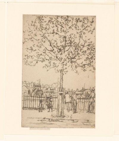 Sex figurer vid ett staket längs en flod, i förgrunden ett träd Chelsea Embankment, juni, 17:00, 1889 av Théodore Roussel (signed by artist)