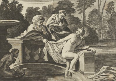 Susanna, delvis naken och kliver ut ur en fontän med två äldste till vänster, en o..., ca. 1656-60. av Théodorus van Kessel