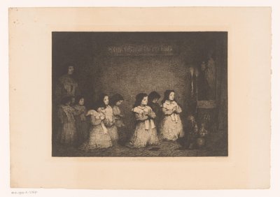 Grupp flickor i bön framför en staty av Maria La Priere (titel på objekt) Eaux-Fortes Modernes: Originales et Inédites (serietitel) av Théodule Augustin Ribot
