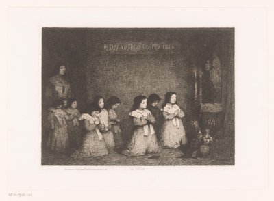 Grupp flickor i bön framför en staty av Maria La Priere (titel på objekt) Eaux-Fortes Modernes: Originales et Inédites (serietitel) av Théodule Augustin Ribot