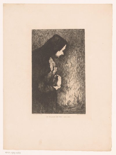 Stående kvinna tittar på brinnande by i bakgrunden Le Village en Feu (titel på objekt) av Théodule Augustin Ribot