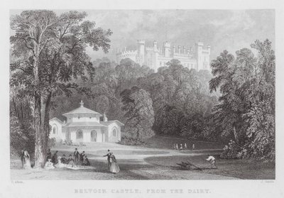 Belvoir Castle, från mejeriet (gravyr) av Thomas (after) Allom