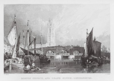 Boston Church och Grand Sluice, Lincolnshire (gravyr) av Thomas (after) Allom