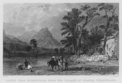 Castle Crag, Borrowdale, från byn Grange, Cumberland (gravyr) av Thomas (after) Allom