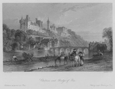 Slottet och bron i Pau (gravyr) av Thomas (after) Allom