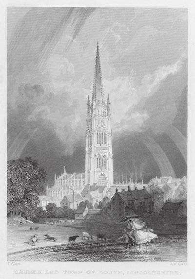 Kyrkan och staden Louth, Lincolnshire (gravyr) av Thomas (after) Allom
