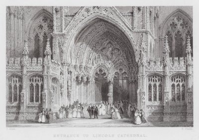Ingång till Lincoln Cathedral (gravyr) av Thomas (after) Allom