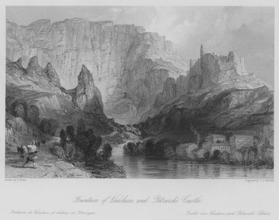 Fontänen i Vaucluse och Petrarcas slott (gravyr) av Thomas (after) Allom