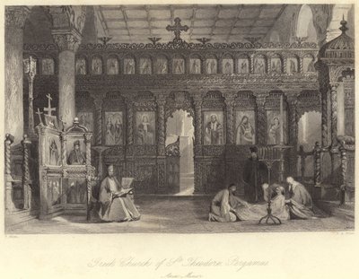 Grekiska kyrkan St Theodore, Pergamus, Mindre Asien (gravyr) av Thomas (after) Allom
