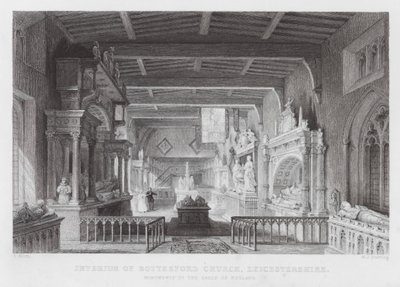 Interiör av Bottesford Church, Leicestershire, Monument till Earls of Rutland (gravyr) av Thomas (after) Allom