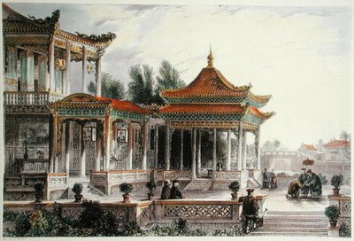 Hoppets stjärnas paviljong, Tong Chow, ca 1850 (lito i färg) av Thomas (after) Allom