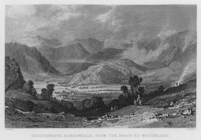 Rossthwaite, Borrowdale, från vägen till Watenlath (gravyr) av Thomas (after) Allom