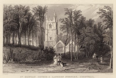 St Mawgan Church och Lanhern Nunnery, Cornwall (gravyr) av Thomas (after) Allom