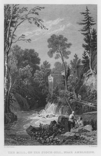 The Mill, på Stock-Gill, nära Ambleside (gravyr) av Thomas (after) Allom