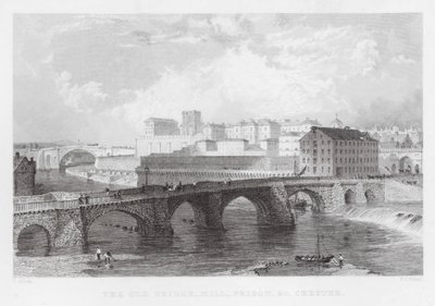 The Old Bridge, Mill, Prison, etc, Chester (gravyr) av Thomas (after) Allom
