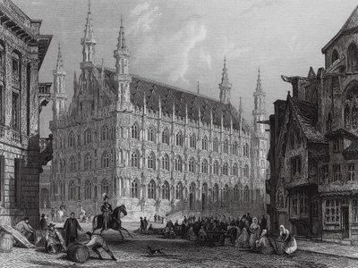 Rådhuset i Louvain, med en del av katedralen (gravyr) av Thomas (after) Allom