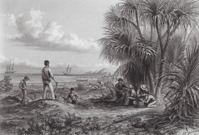 Australien: En upptäcktsresandes läger (gravyr) av Thomas (after) Baines