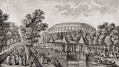 Ranelagh Gardens, Chelsea, London, England. Utsidan av Rotundan vid Ranelagh Gardens, det "kinesiska huset" och en del av tomten, efter gravyren av Thomas Bowles av Thomas (after) Bowles