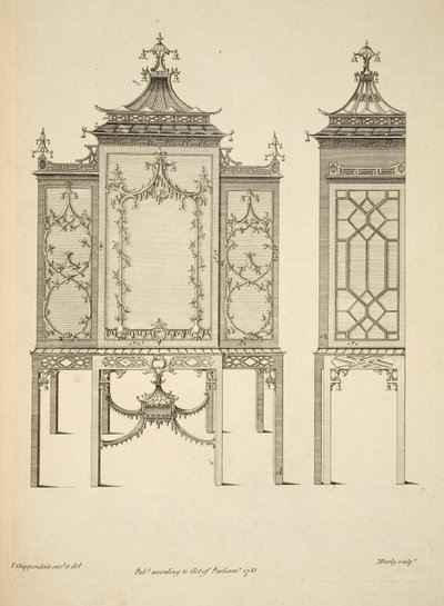 Design för ett Kinafall, pub. 1753 (gravyr) av Thomas (after) Chippendale
